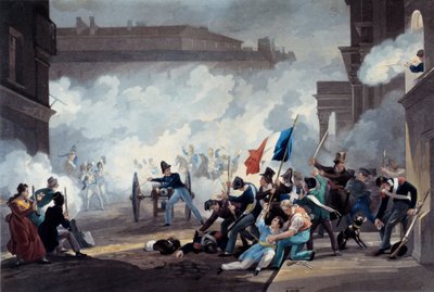 Revolução de 1830: Um estudante da Ecole Polytechnique apreendeu um canhão durante a captura do Palais-Royal em 28 de julho. de Jean Pierre Marie Jazet