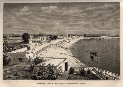 Chandernagor (actual Chandannagar, em Bengala Ocidental), nas margens do Ganges, gravado após o desenho de J.Moynet, ilustrando a viagem na Índia dos Rajahs, em 1864-1868, por Louis Rousselet, publicado em "Le tour du monde" 1874, editado de Jean Pierre Moynet