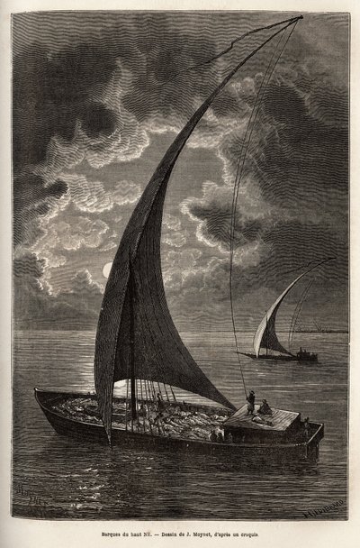 Les barques du haut Nile, tripulação reduzida e passageiros dormindo no convés, ao luar, gravado após o desenho de J.Moynet, ilustrando a viagem ao coração da África em 1868-1871, pelo Dr. Georges Schweinfurth, publicado em "Le tour du monde" 1874, edi de Jean Pierre Moynet