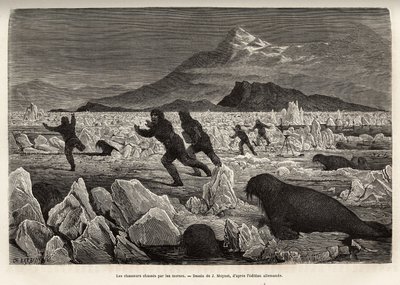 Parte da tripulação do navio La Germania, nas Ilhas Clavering, descendo no gelo para caçar, foram caçados por morsas que saíam da água, gravadas após o desenho de J.Moynet, ilustrando uma viagem ao Pólo Norte em 1869-1870 por de Jean Pierre Moynet