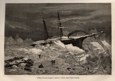 O navio alemão La Hansa apanhado no gelo, a tripulação apressou-se a desembalar os objectos e provisões necessárias, antes de abandonar o navio e continuar a expedição no gelo, gravada após o desenho de J.Moynet, ilustrando a viagem dos navios La de Jean Pierre Moynet