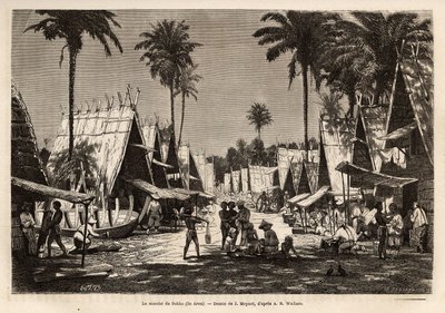 A marcha de Dobbo, na ilha de Arou, um centro portuário, animada por muitos comerciantes e construtores navais, gravada após o desenho de J.Moynet, ilustrando a viagem ao arquipélago da Malásia em 1854-1862, de Alfred Russell Wallace (1823-1913), um britân de Jean Pierre Moynet