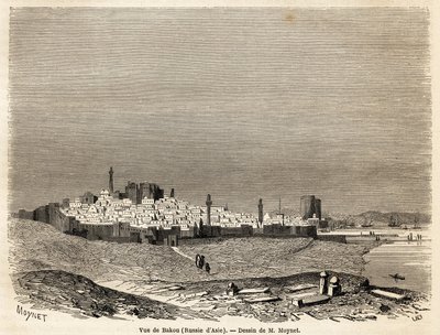 Vista de Baku (Rússia, Azerbaijão), desenho do Sr. Moynet, para ilustrar a viagem à costa do Mar Cáspio, em outubro de 1858, pelo Sr. Moynet. Gravura em "Le tour du monde, nouveau journal des voyages" Paris de Jean Pierre Moynet