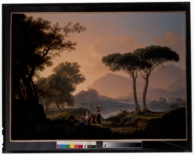 Manhã e tarde: Uma paisagem clássica com pastores e ninfas junto a um lago e um castelo no topo de uma colina de Jean Pierre Pequignot