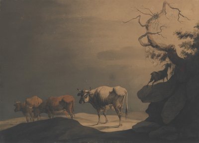 Vacas e uma cabra em uma paisagem, 1774. de Jean Pillement.