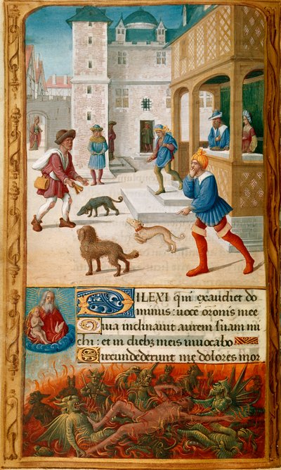 Yates Thompson 5, f.70v, Miniatura com Mergulhos, festejando com sua esposa e abordado por Lázaro, em uma paisagem urbana, seguido na borda inferior por Mergulhos atormentado por demônios e vigiado pela alma de Lázaro, que é mantida por Deus no céu , e dec de Jean Poyer