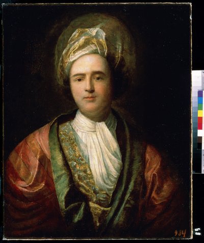 ""Retrato de um ator em traje de palco oriental"" (Retrato de um ator) Ele usa um turbante. Pintura de Jean Ranc (1674-1735) Museu de Arte Mikhail Kroshitsky do século XVIII, Sebastopol (Sevastopol) Ucrânia de Jean Ranc