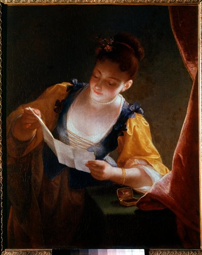 Mulher Jovem Lendo uma Carta Pintura de Jean Raoux (1677-1734) Sol do século XVIII. 0,99x0,81 m de Jean Raoux