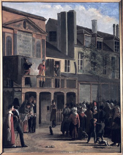 La Parade de Bobèche et Galimafre, pintura de Jean Roller, representando uma multidão que assiste a um espectáculo de rua. Pintura a óleo do século XIX. de Jean Roller