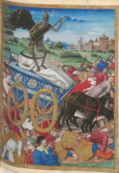 O triunfo da Morte: a morte de Laura. Miniatura de Pétrarque, Les Triomphes, 1500-1505. de Jean Serpin