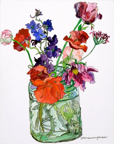 Delphiniums, Poppies  Others in Jar, 2011 (aguarela e tinta sobre papel) de Jean Swan Gordon