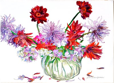 Margaridas, estrela de Belém, crisântemos-aranha, jarro Heisey, 2000 (aguarela e tinta sobre papel) de Jean Swan Gordon