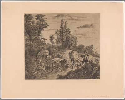 Paisagem mostrando uma carroça presa na água a ser içada para a costa por um grupo de homens de Jean Théodore Joseph Linnig