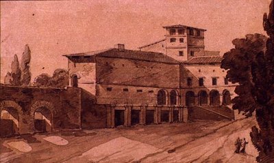 Vista de uma cidade italiana (caneta com tinta sépia e lavagem em papel) de Jean Thomas Thibault