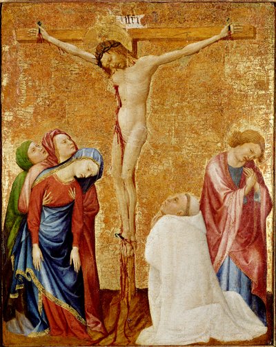 Calvário para o monge Carthusian. As três virgens e São João rodeiam a cruz. Um monge cartuxo ajoelha-se aos pés de Cristo. Pintura de Jean de Beaumetz (1361-1396) de Jean de Beaumetz