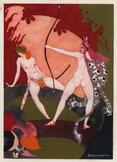 Os Livros de Amor de Ovídio: Ela persegue os animais selvagens nas florestas (litografia a cores) de Jean de Bosschere