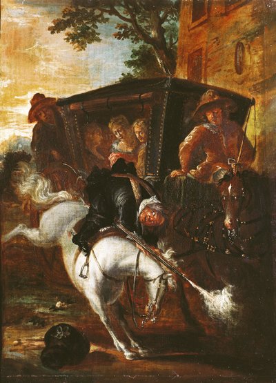 Com um mosquete nas costas, Ragotin sobe ao cavalo para acompanhar a trupe, de &39;Roman Comique&39; de Paul Scarron (1610-1660) 1712-16 de Jean de Coulom