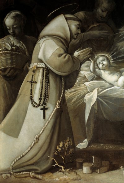 Adoração dos pastores Um monge orando diante do menino Jesus. Quadro de Jean de Saint Igny de Jean de Saint Igny