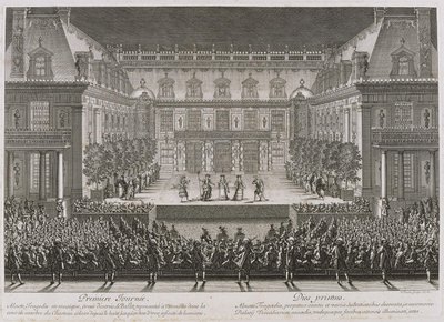 Ópera Alceste de Jean-Baptiste Lully sendo apresentada no pátio de mármore do Palácio de Versail de Jean le Pautre