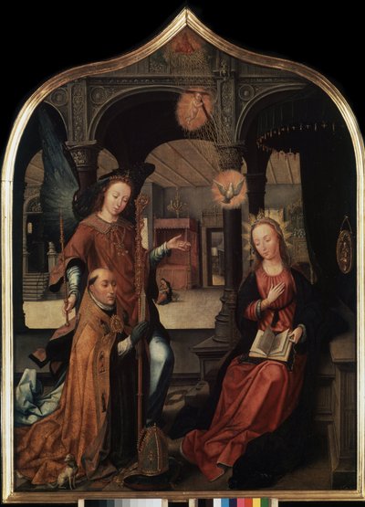 "Representação da Anunciação com o patrono São Guilherme de Bruxelas" Painel central do tryptic da Anunciação. Pintura em madeira por Jean Bellegambe o Ancião (1470-1534) São Petersburgo, Museu Hermitage de Jean the Elder Bellegambe