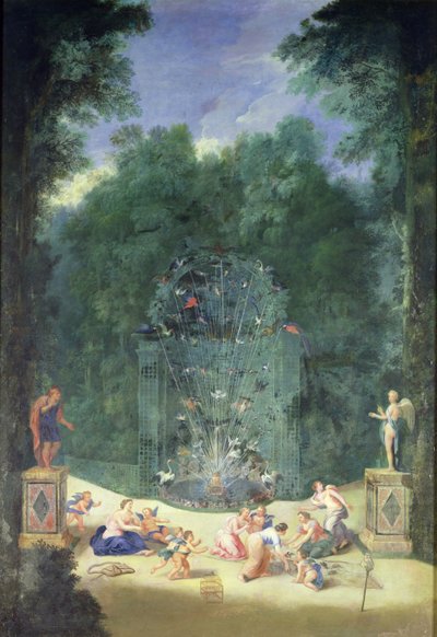 Os bosques de Versalhes: Vista da entrada do labirinto com pássaros, ninfas e querubins, 1688 de Jean the Younger Cotelle