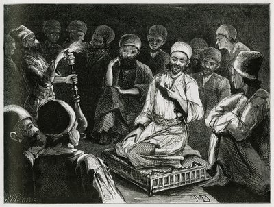 O contador de histórias persa rodeia o seu público. Gravação do autor Viajante, para ilustrar a história "Persia, Chaldee e Susiane". de Jeanne Dieulafoy