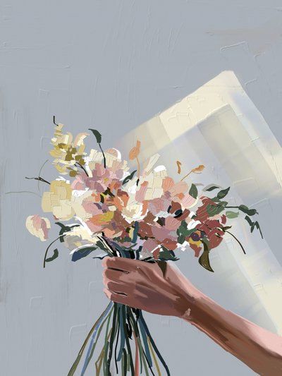 Mão a segurar flores em tons pastel de Jenna Alheit