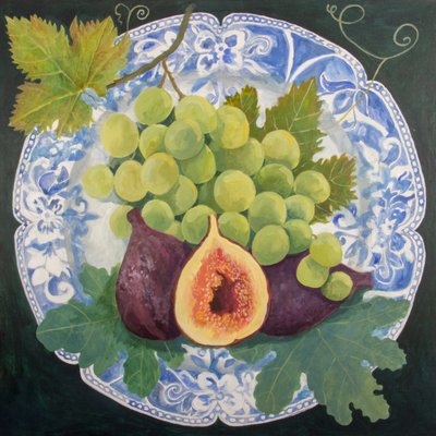 Figos e uvas num prato, 2018 (acrílico sobre tela) de Jennifer Abbott