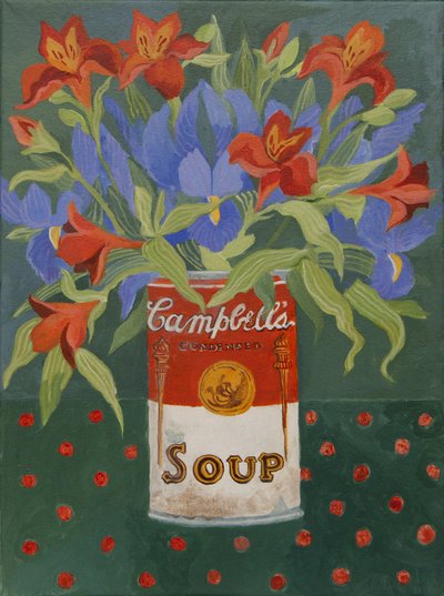 Íris e alstromeiria numa lata de sopa Campbell (acrílico) de Jennifer Abbott