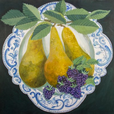 Peras num prato, 2018 (acrílico sobre tela) de Jennifer Abbott