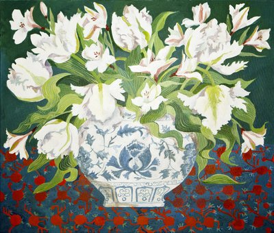 Tulipas duplas brancas e alstroemerias, 2013 (acrílico sobre tela) de Jennifer Abbott