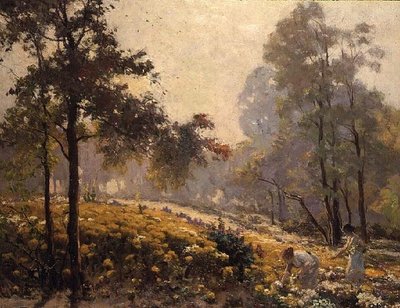 Mulheres colhendo flores amarelas em uma paisagem arborizada de Jeno Karpathy