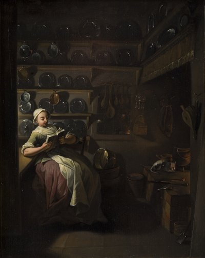 Interior da cozinha com uma menina lendo de Jens Juel
