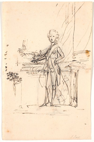 Esboço de composição para retrato de corpo inteiro de Frederik VI como jovem príncipe herdeiro. De pé em uma mesa, de frente para a esquerda de Jens Juel