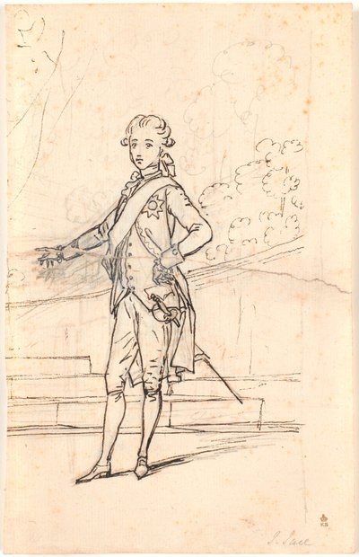 Esboço de composição para retrato de corpo inteiro de Frederik VI como jovem príncipe herdeiro. Em pé de frente com a mão direita ao lado e a esquerda apoiada em uma mesa de Jens Juel