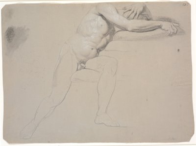 Modelo sentado, com cabeça e braços apoiados em almofadas; não terminei de desenhar de Jens Juel