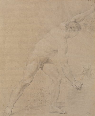 Modelo em pé, de frente para a direita, braço esquerdo levantado, direito abaixado e encostado em uma pedra. de Jens Juel