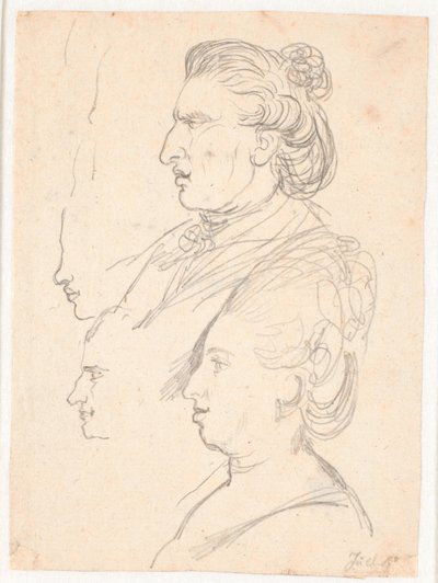 Retratos de perfil da rainha Caroline Mathilde, J.F. Struensee e Enevold Brandt, bem como um rascunho, possivelmente do próprio Juel. Todos de perfil à esquerda de Jens Juel