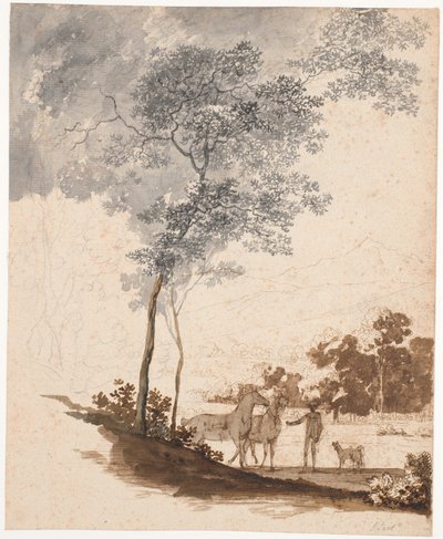 Paisagem suíça com um menino de equitação segurando dois cavalos e um par de cães; estudo para o retrato de Jean-Armand Tronchin de Jens Juel