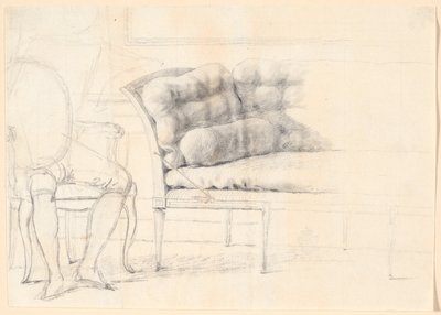 Estudo para o retrato da família Holmskiold de 1787: o sofá estofado e à esquerda uma cadeira com a figura de Holmskiold delineada de Jens Juel