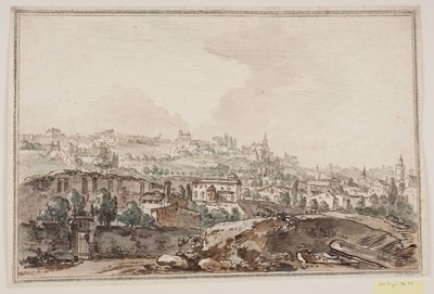 Perspectiva da cidade com casas e muro junto ao rio; ao fundo igrejas e palácios de Jens Petersen Lund