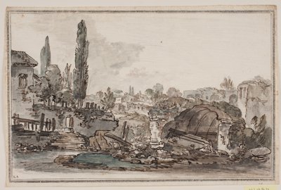Prospecção com árvores altas, edifícios e ruínas de Jens Petersen Lund