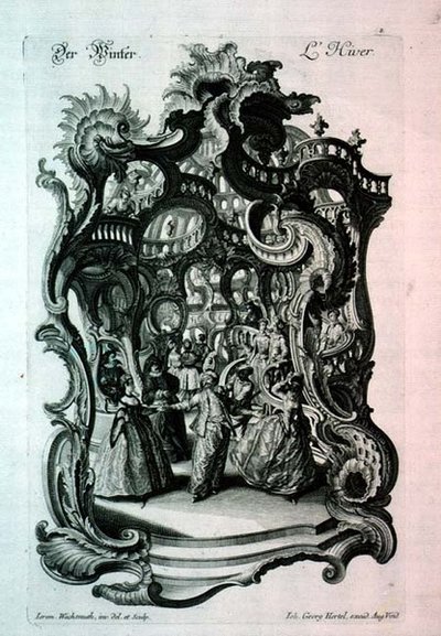 Winter, folha de música rococó retratando um baile de fantasia, pub. por Johann Georg Hertel de Jeremias Wachsmuth