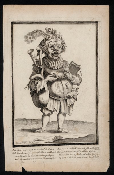 Homem carregando um conjunto de gaitas de foles e vestindo uma touca de penas de pavão, estampa de fato surrealista, c1700 (gravação) de Jeremias Wolff