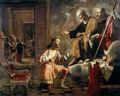Com os apóstolos São Pedro e São Paulo aparecendo ao Imperador Romano Constantino I o grande (272-337), o primeiro imperador a converter-se ao cristianismo de Jeronimo Jacinto Espinosa