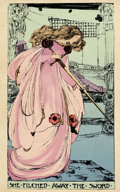 A Fada Morgane rouba a Excalibur para que o seu amante a utilize contra o Rei Artur. Ilustração de Jessie Marion King (1875-1949) para o livro "" The High History of the Holy Grail" de Perceval the Welsh, cavaleiro da mesa redonda" de Sebastian Evans (1830 de Jessie Marion King