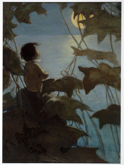 Ele olhou para a grande lua amarela e pensou que ela olhou para ele, de The Water Babies de Charles Kingsley, pub. 1916 (cor litho) de Jessie Willcox Smith