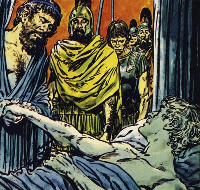 Alexandre morreu de febre em 323, com 32 anos (litografia a cores) de Jesus Blasco