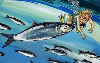 Rapaz a nadar com um peixe, ilustração de "The Water Babies" de Charles Kingsley (guache sobre papel) de Jesus Blasco