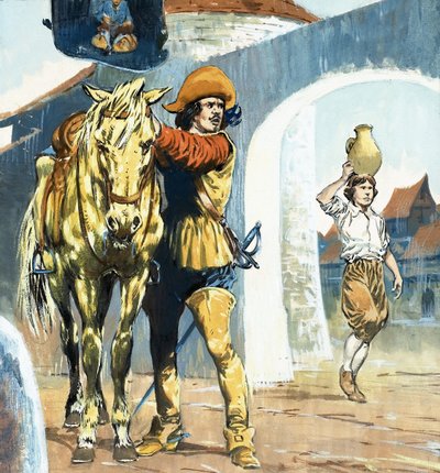 Fotografia não identificada de um cavaleiro à porta de uma estalagem com um cavalo de Jesus Blasco